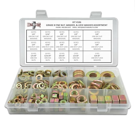 Boltsandnuts.Com Inch Grade 8 Fine Hex Nut, Flat & Lock Washers Assortment - 351 Pcs Assortment Kit #186